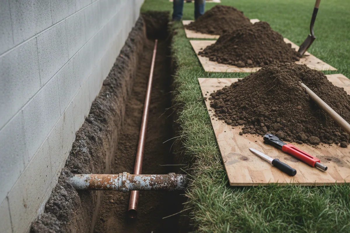 Excavated water line trench during Water Heater Repair in Paoli